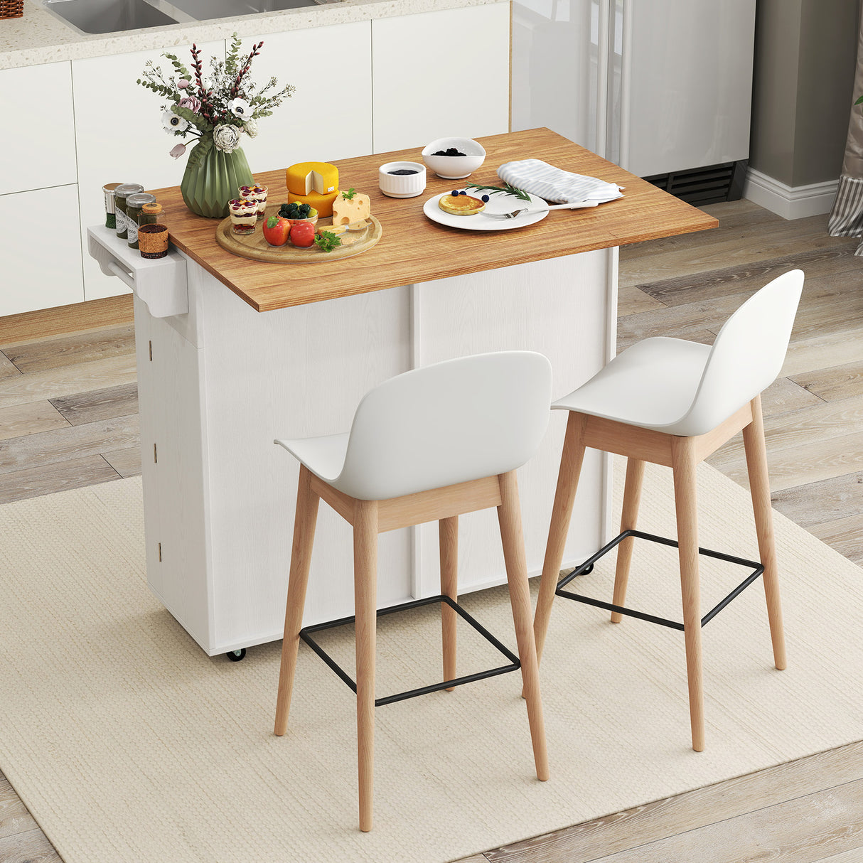 Rolling Kitchen Island with Trash Can Cabinet and Rubber Universal Wheels