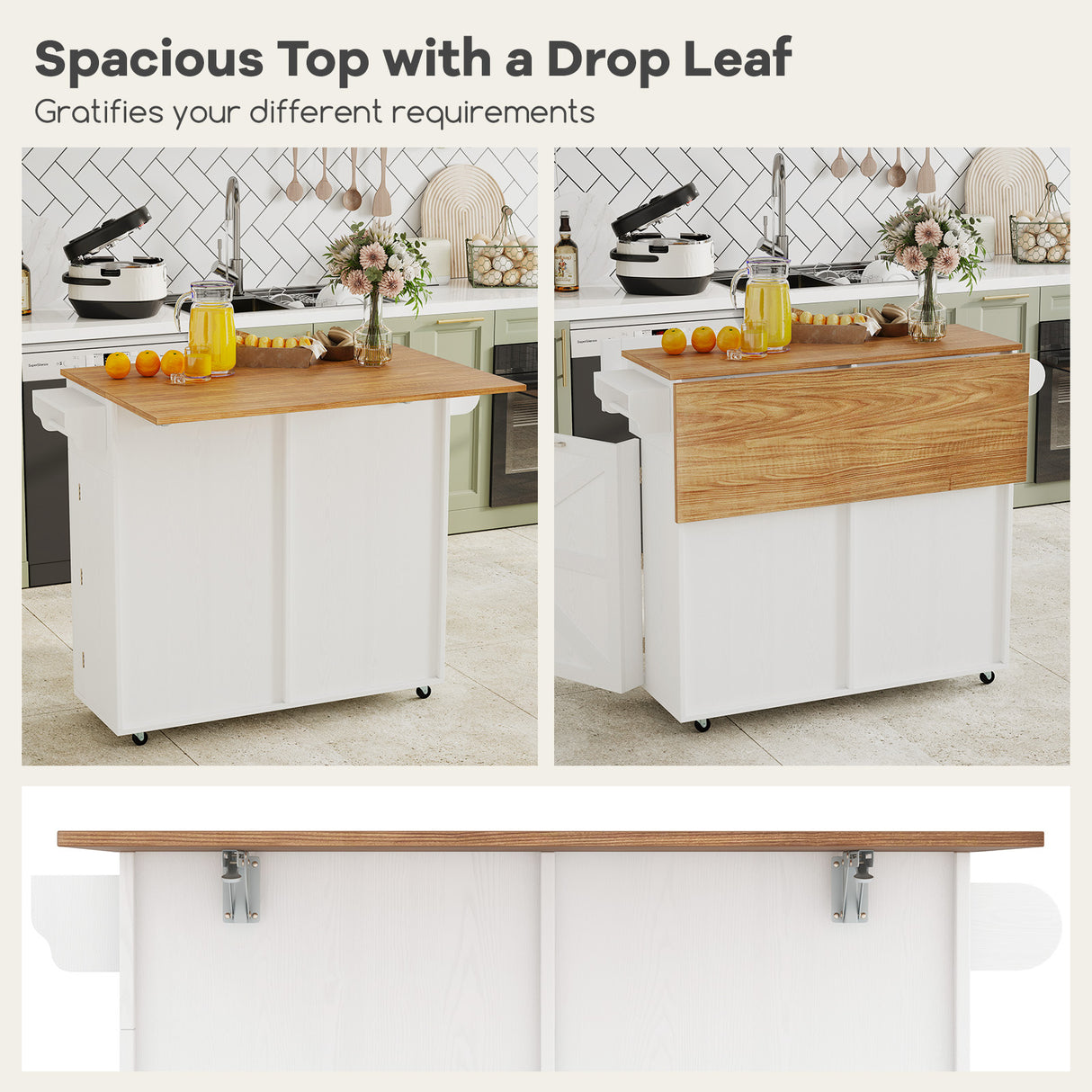Rolling Kitchen Island with Trash Can Cabinet and Rubber Universal Wheels