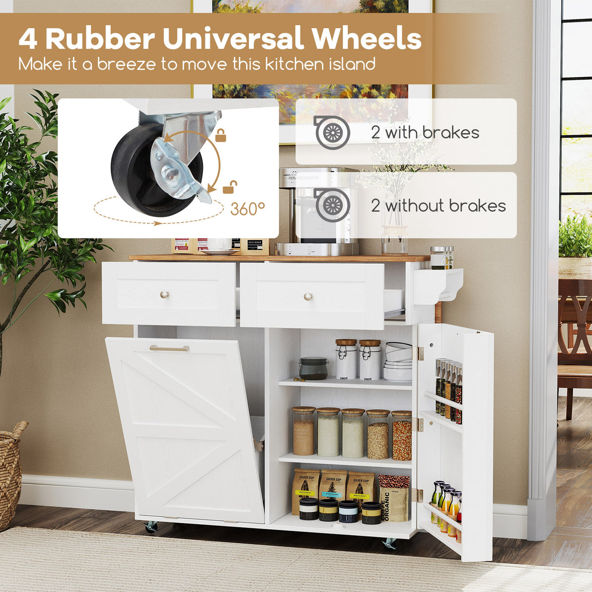 Rolling Kitchen Island with Trash Can Cabinet and Rubber Universal Wheels