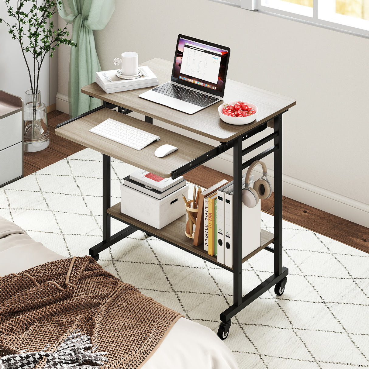 Rolling Laptop Table with Pull-out Keyboard Tray and Hooks