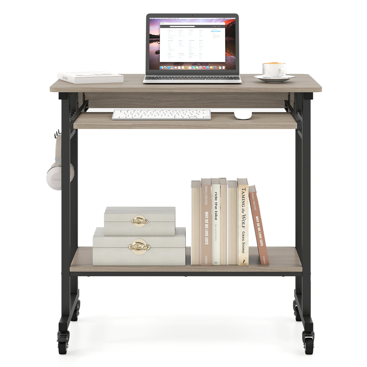 Rolling Laptop Table with Pull-out Keyboard Tray and Hooks