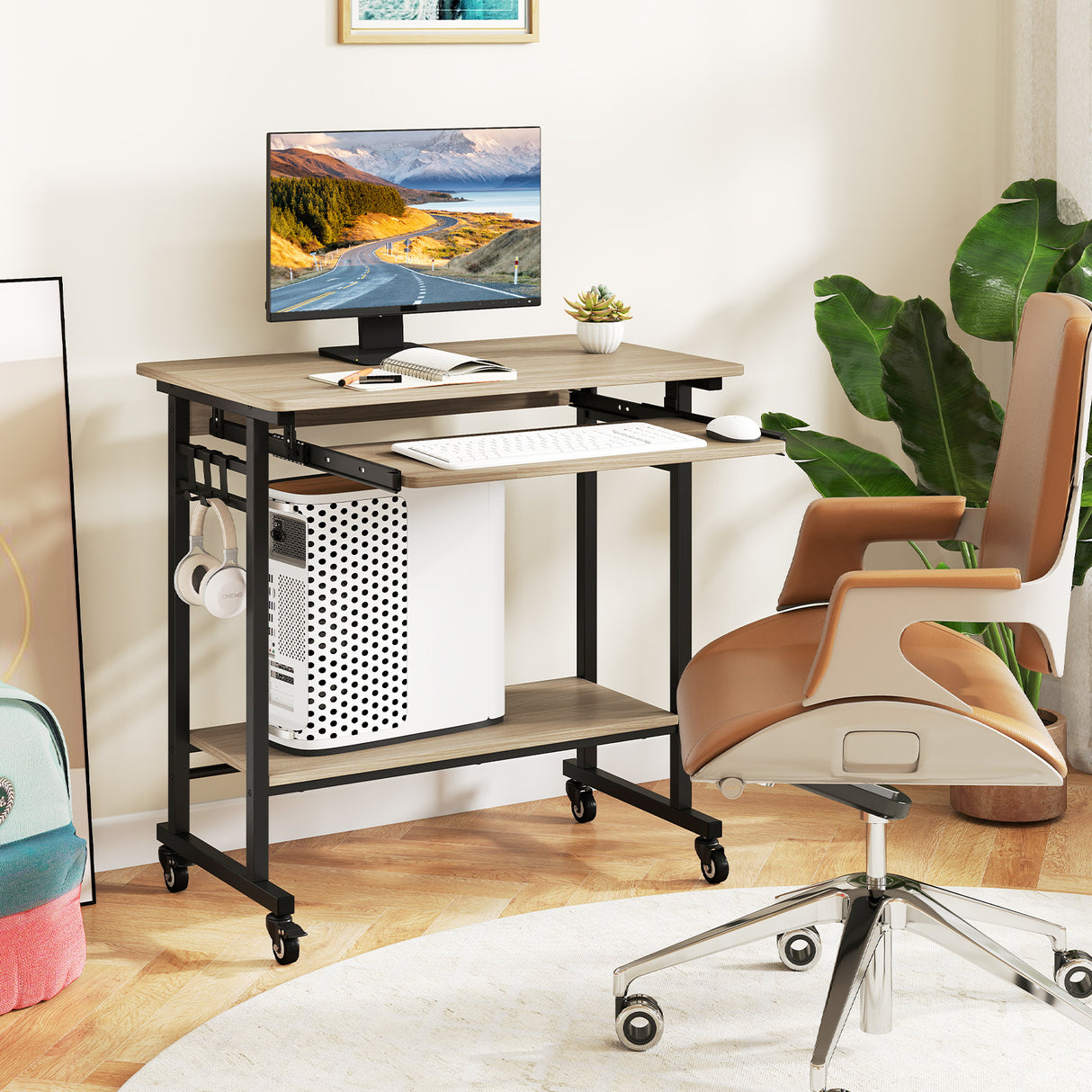 Rolling Laptop Table with Pull-out Keyboard Tray and Hooks