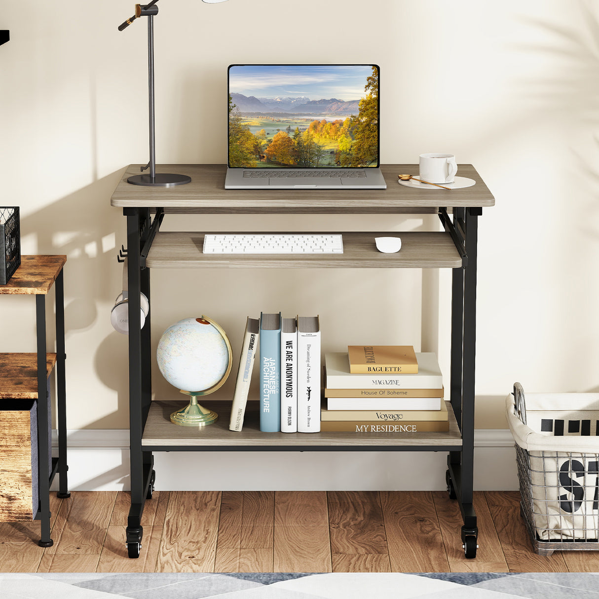 Rolling Laptop Table with Pull-out Keyboard Tray and Hooks