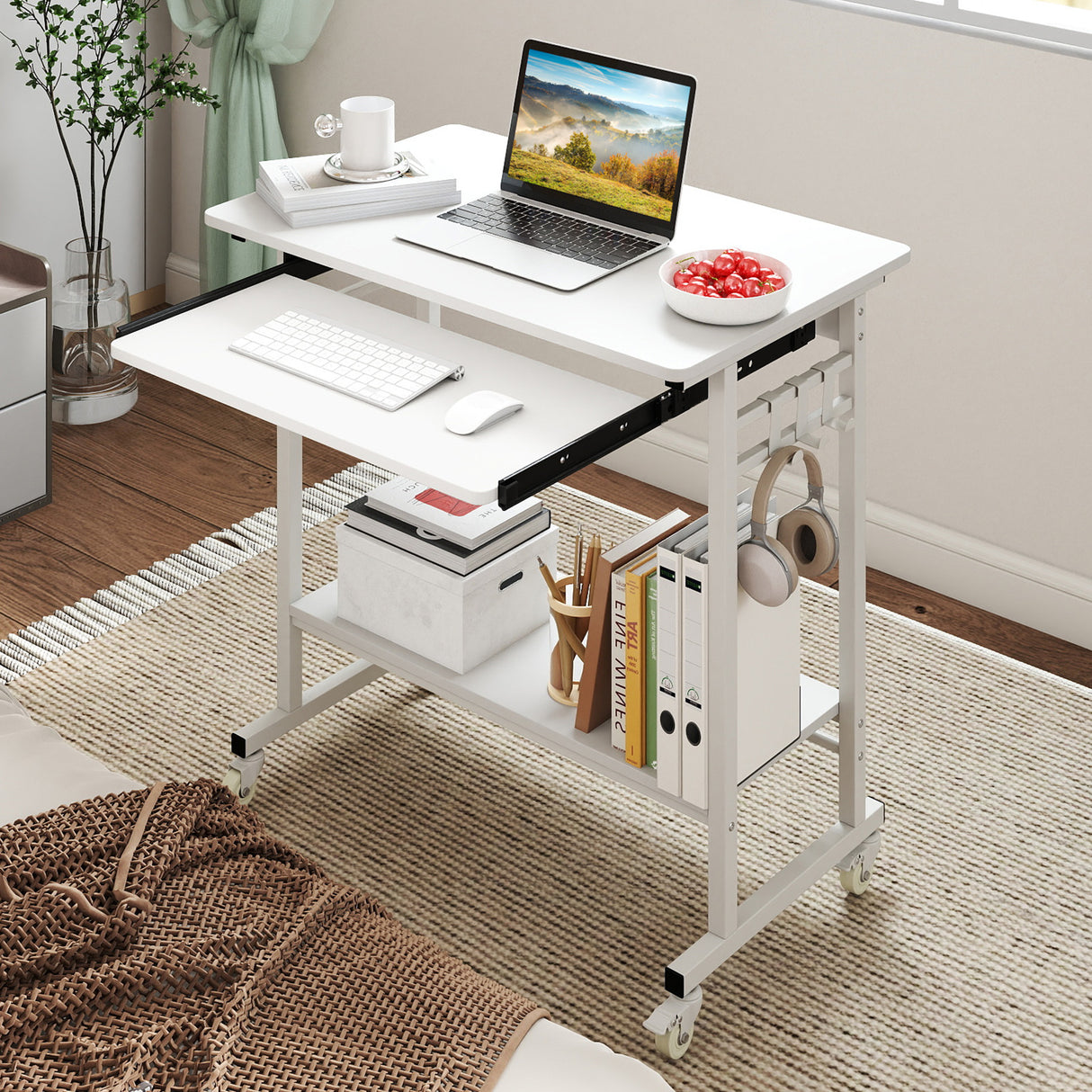 Rolling Laptop Table with Pull-out Keyboard Tray and Hooks