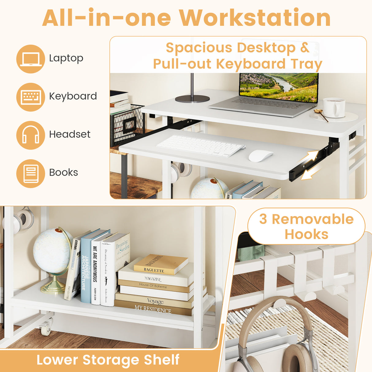 Rolling Laptop Table with Pull-out Keyboard Tray and Hooks