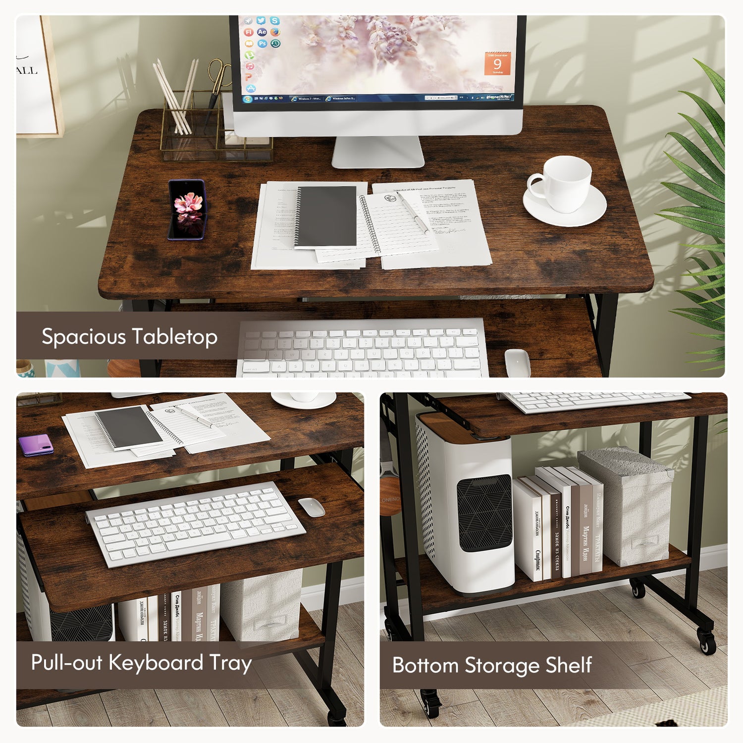 Rolling Laptop Table with Pull-out Keyboard Tray and Hooks