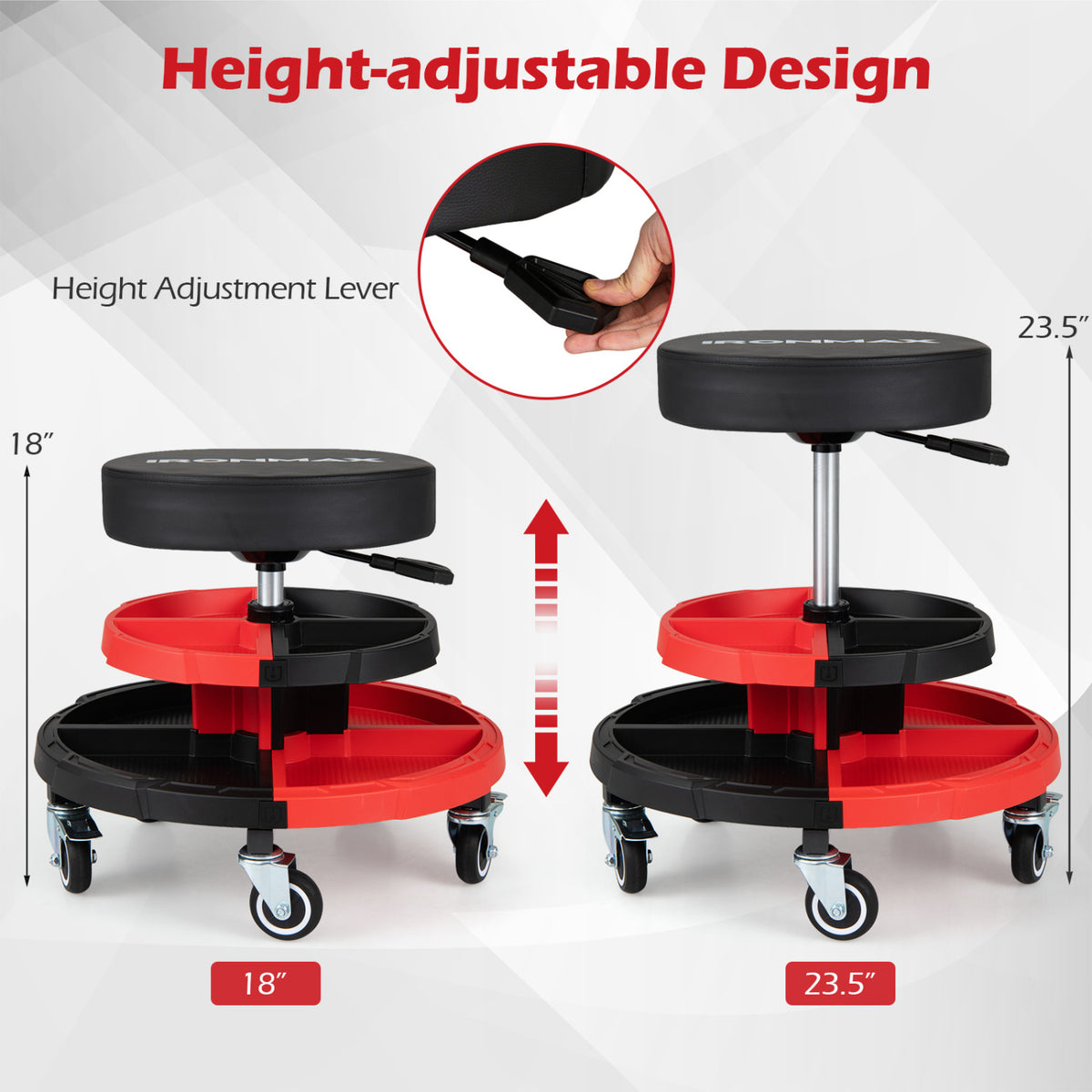 Rolling Mechanic Stool with Cushioned Seat and 5 Wheels 330 LBS-Red
