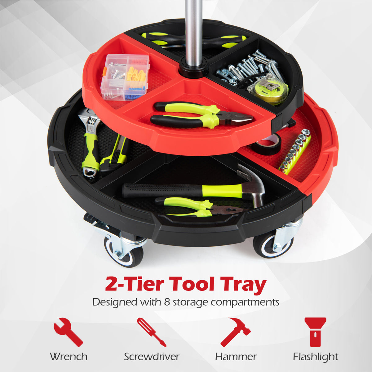Rolling Mechanic Stool with Cushioned Seat and 5 Wheels 330 LBS-Red