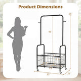 Rolling Metal Clothes Rack with Hanging Rod and Storage Basket