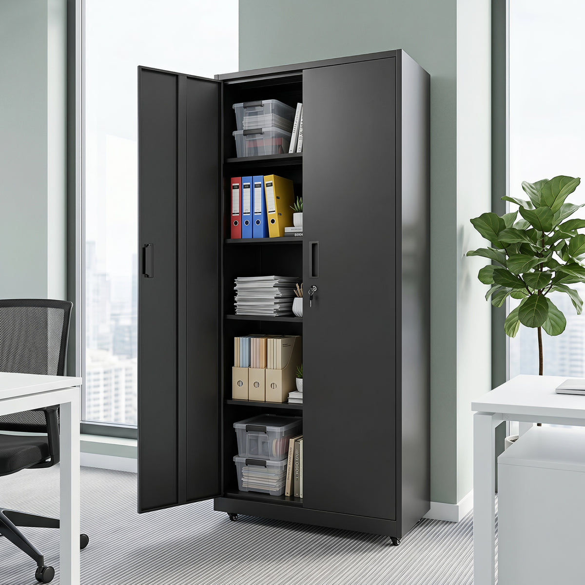 Rolling Metal Storage Cabinet 73 Inches Lockable File Cabinet with 4 Smooth Wheels-Black