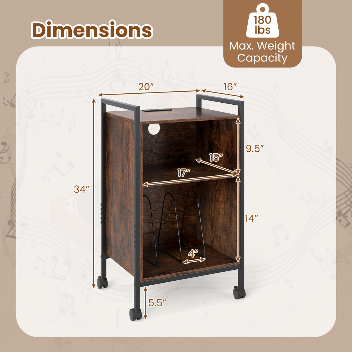 Mobile Record Player Stand with Power Outlet-Rustic Brown