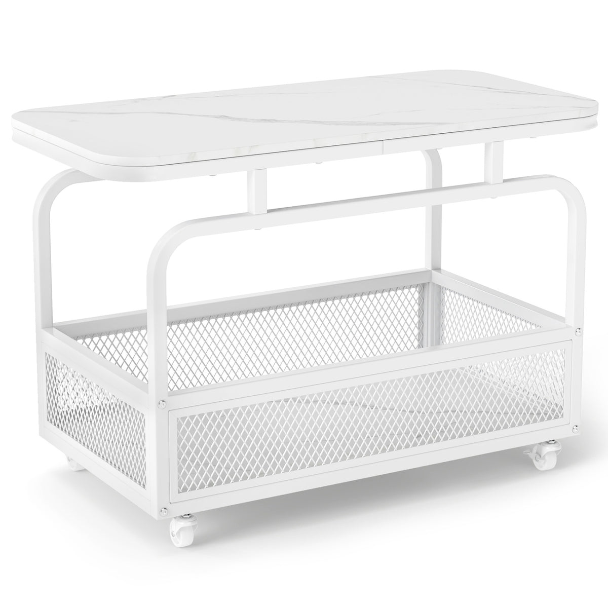 Rolling Side Table 2-Tier Narrow End Table with Mesh Storage Basket-White