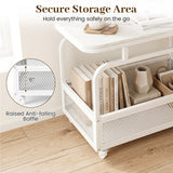Rolling Side Table 2-Tier Narrow End Table with Mesh Storage Basket-White