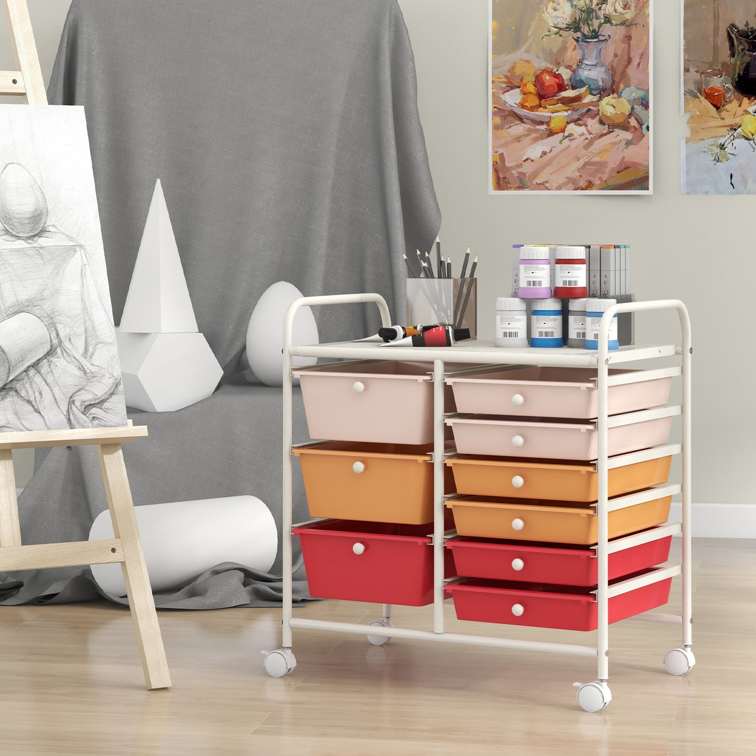 9-Drawer Rolling Storage Cart with Colorful Drawers and Metal Frame