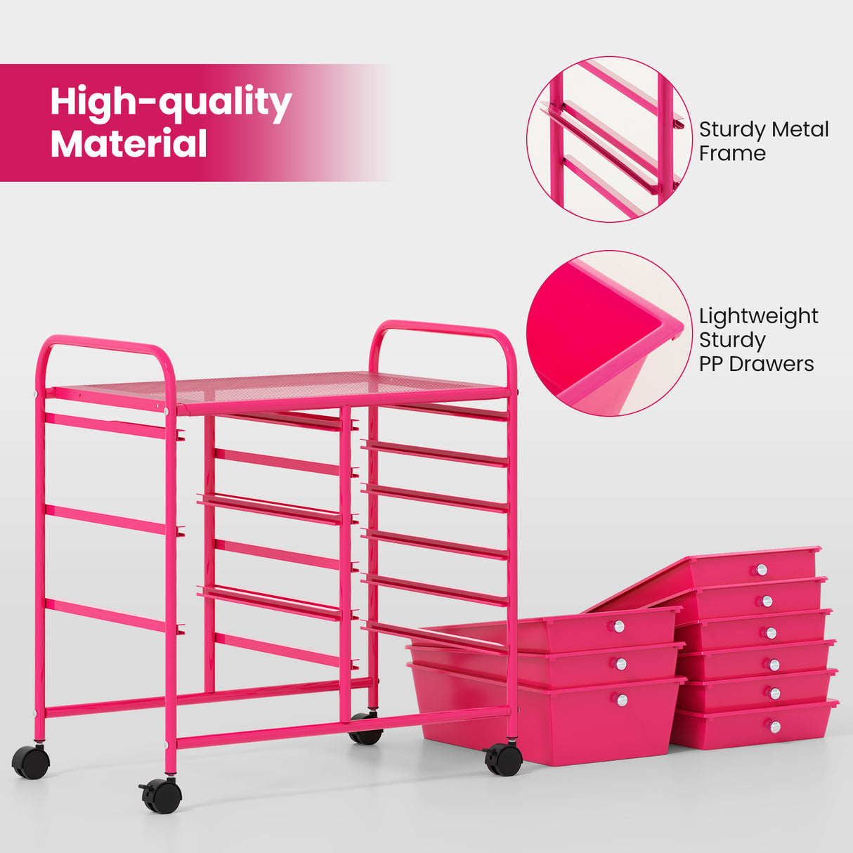 9-Drawer Rolling Storage Cart with Colorful Drawers and Metal Frame