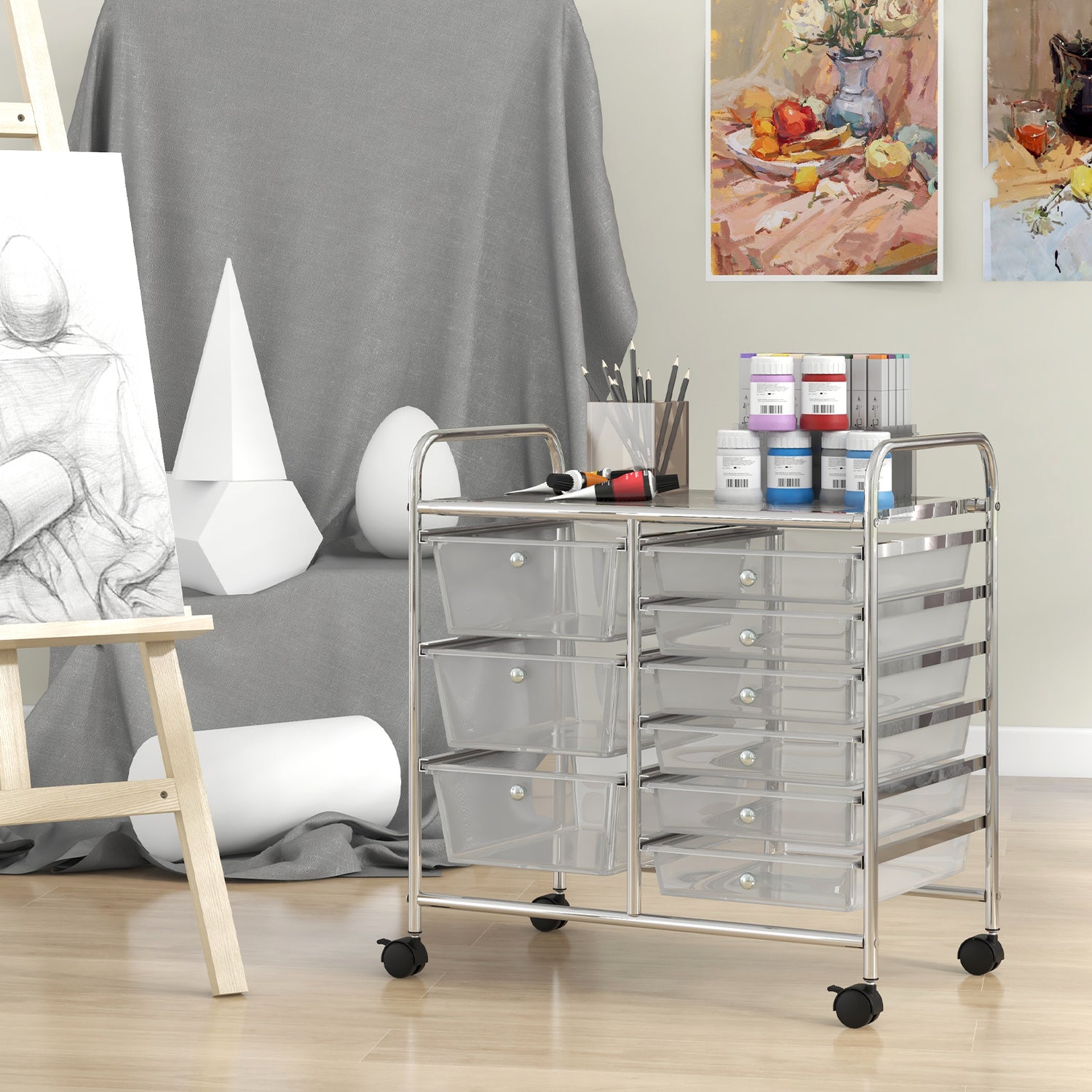 9-Drawer Rolling Storage Cart with Colorful Drawers and Metal Frame