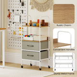 Rolling Utility Storage Cart with 2 Open Shelves and 2 Fabric Drawers-Natural
