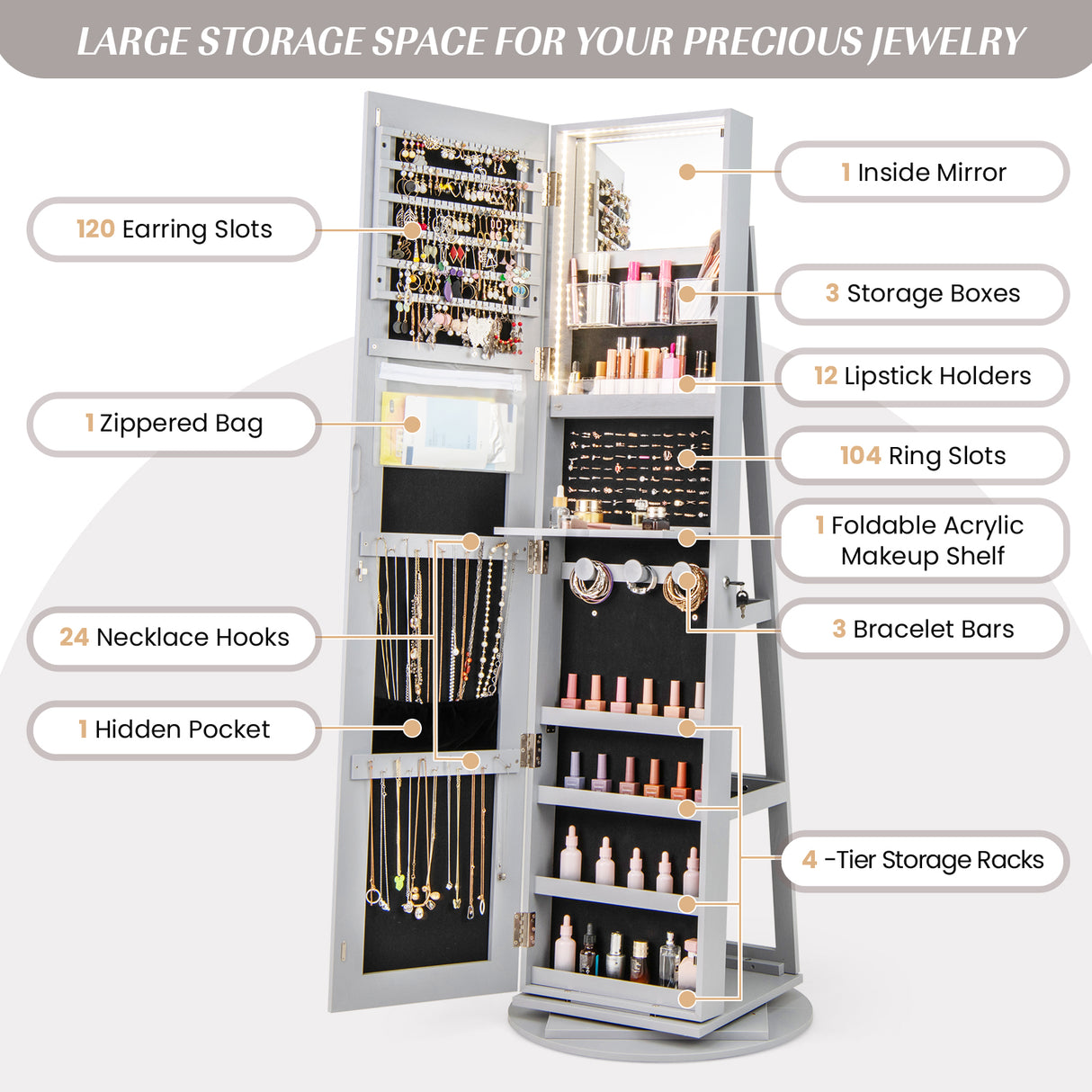 360Â° Rotating Mirrored Jewelry Cabinet Armoire 3 Color LED Modes Lockable