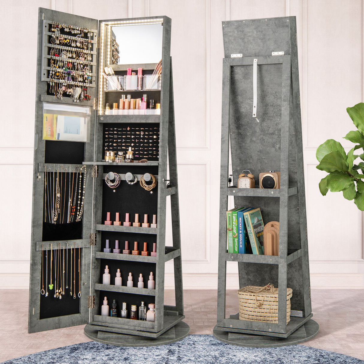 360Â° Rotating Mirrored Jewelry Cabinet Armoire 3 Color LED Modes Lockable