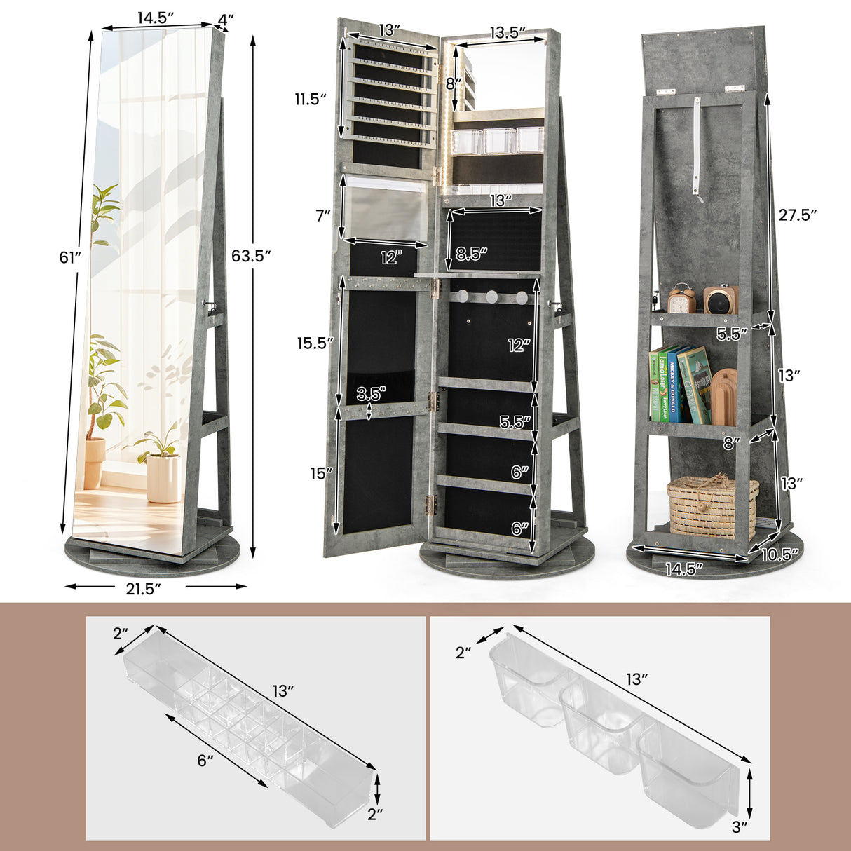 360Â° Rotating Mirrored Jewelry Cabinet Armoire 3 Color LED Modes Lockable