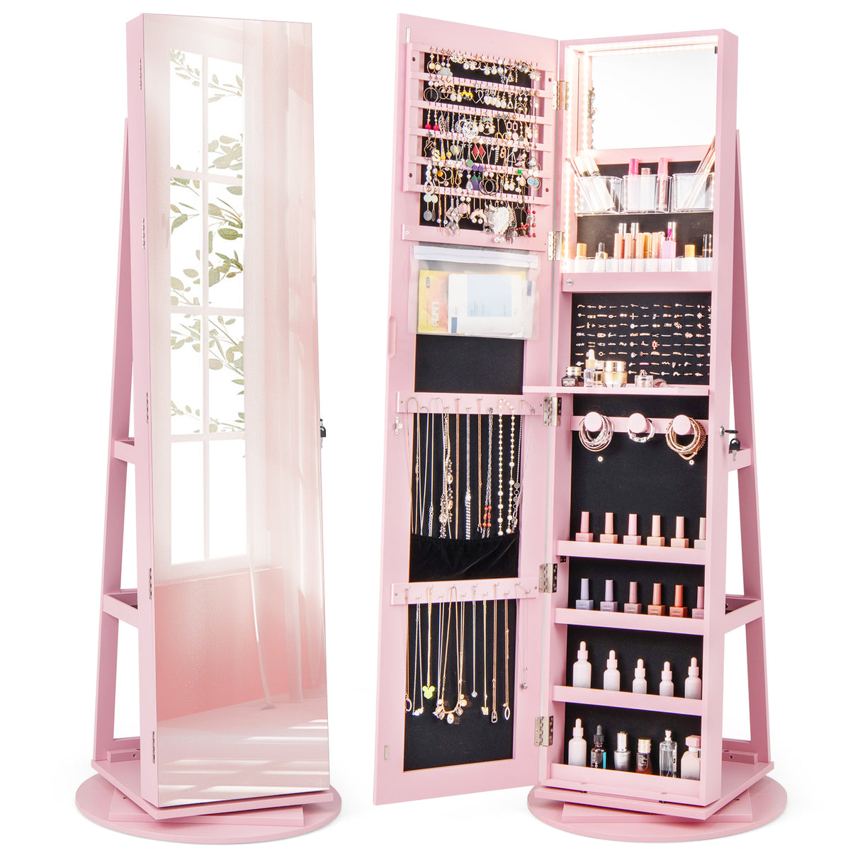 360Â° Rotating Mirrored Jewelry Cabinet Armoire 3 Color LED Modes Lockable