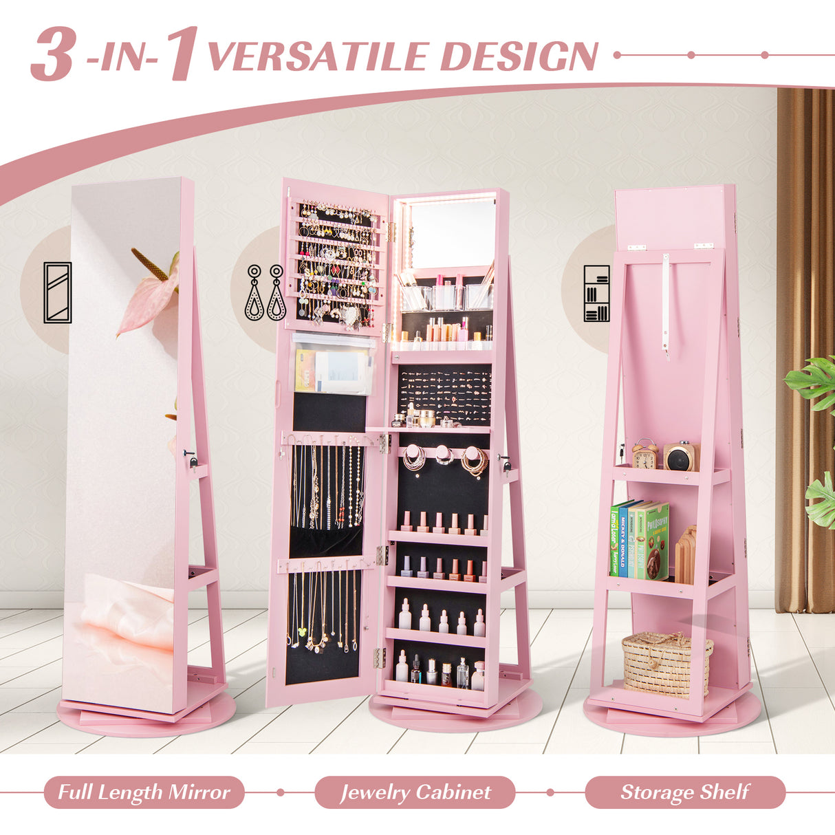 360Â° Rotating Mirrored Jewelry Cabinet Armoire 3 Color LED Modes Lockable