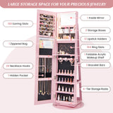 360Â° Rotating Mirrored Jewelry Cabinet Armoire 3 Color LED Modes Lockable