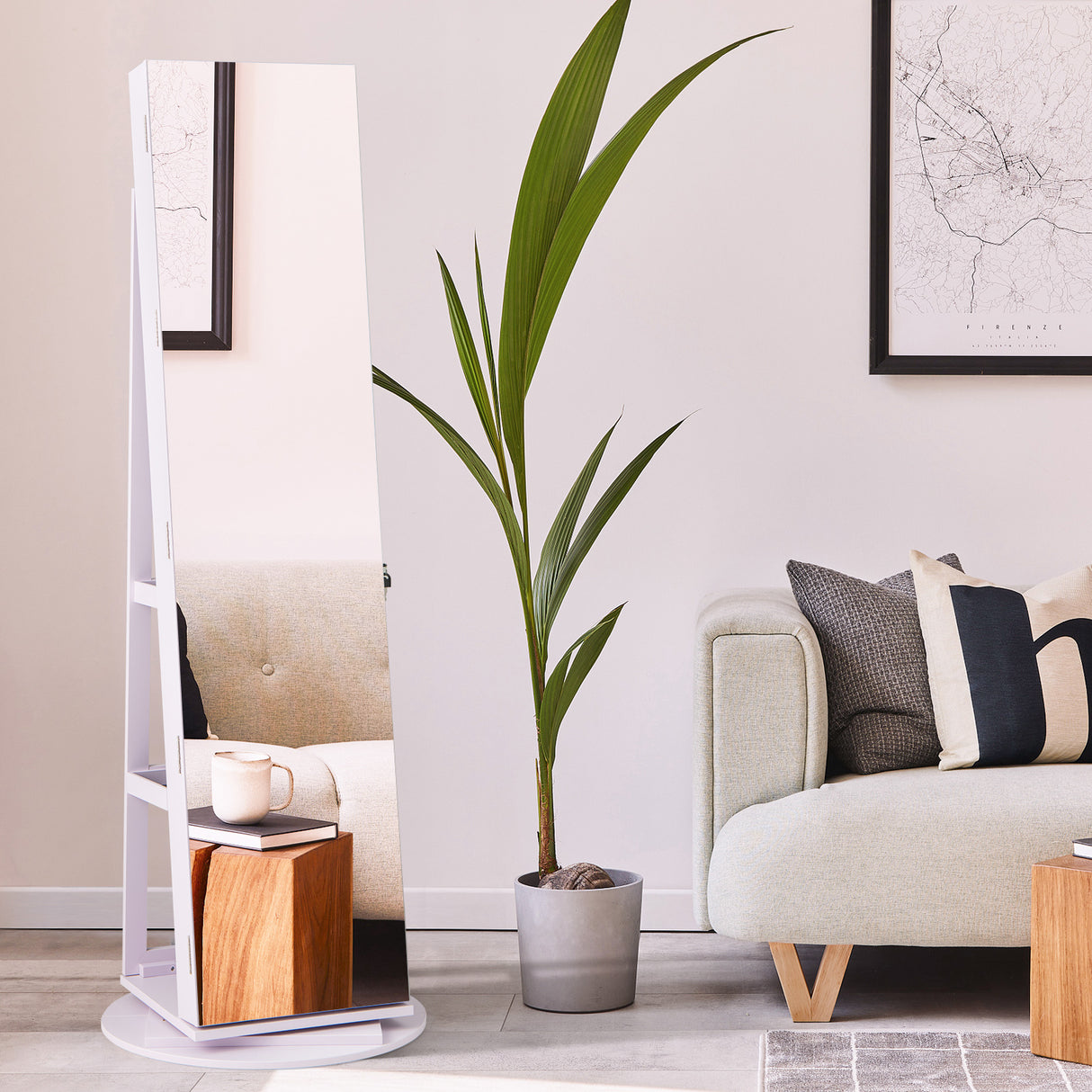 360Â° Rotating Mirrored Jewelry Cabinet Armoire 3 Color LED Modes Lockable