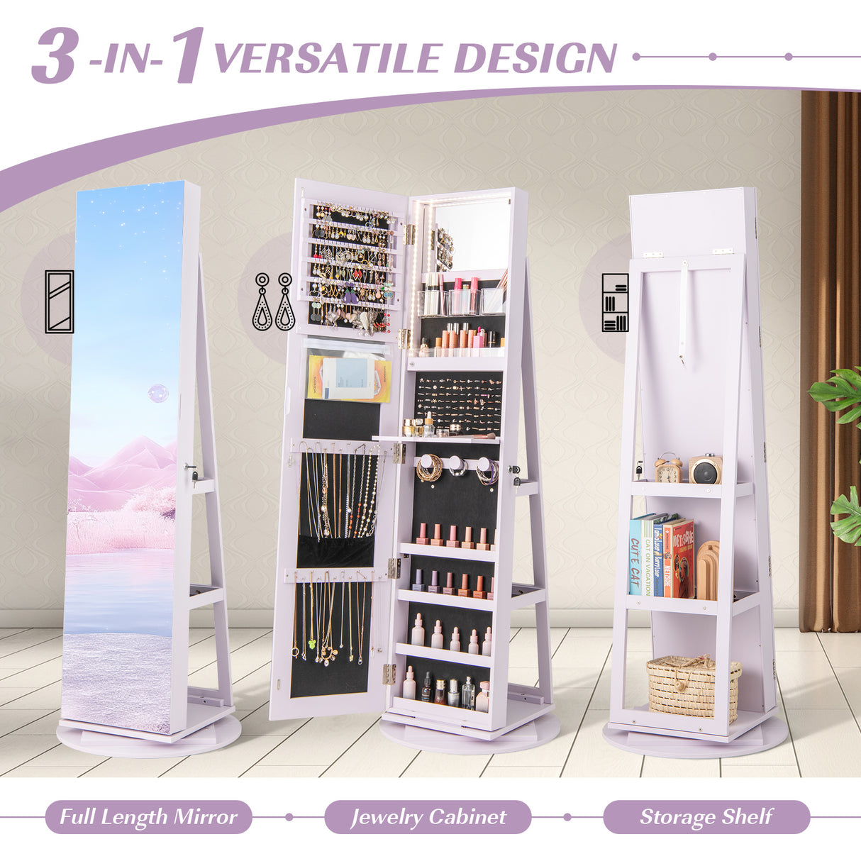 360Â° Rotating Mirrored Jewelry Cabinet Armoire 3 Color LED Modes Lockable