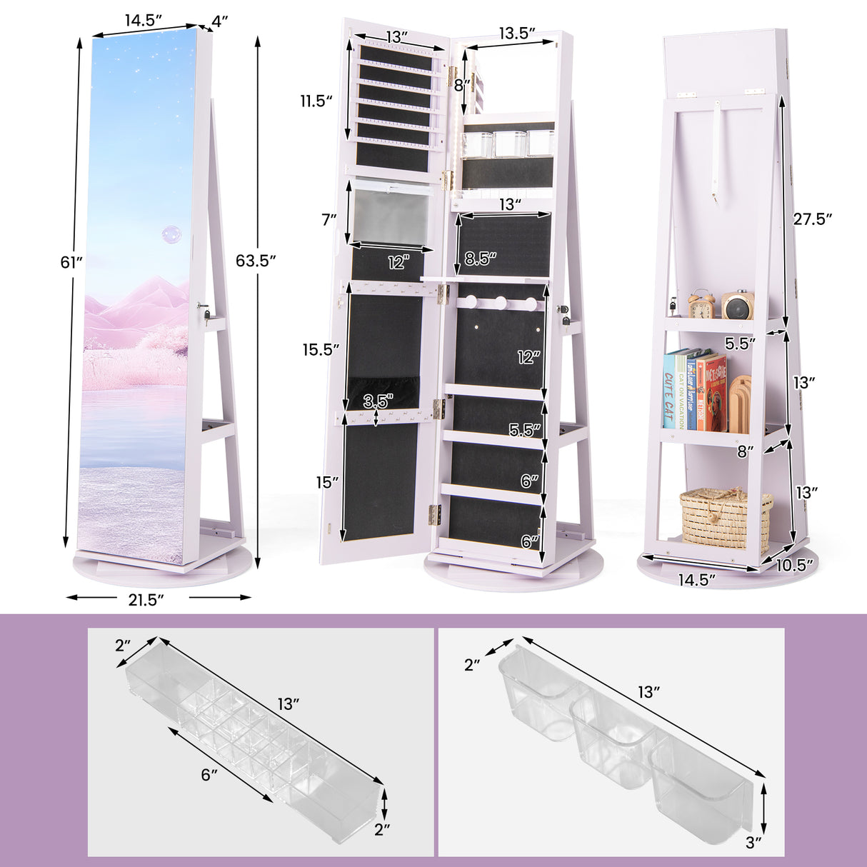 360Â° Rotating Mirrored Jewelry Cabinet Armoire 3 Color LED Modes Lockable