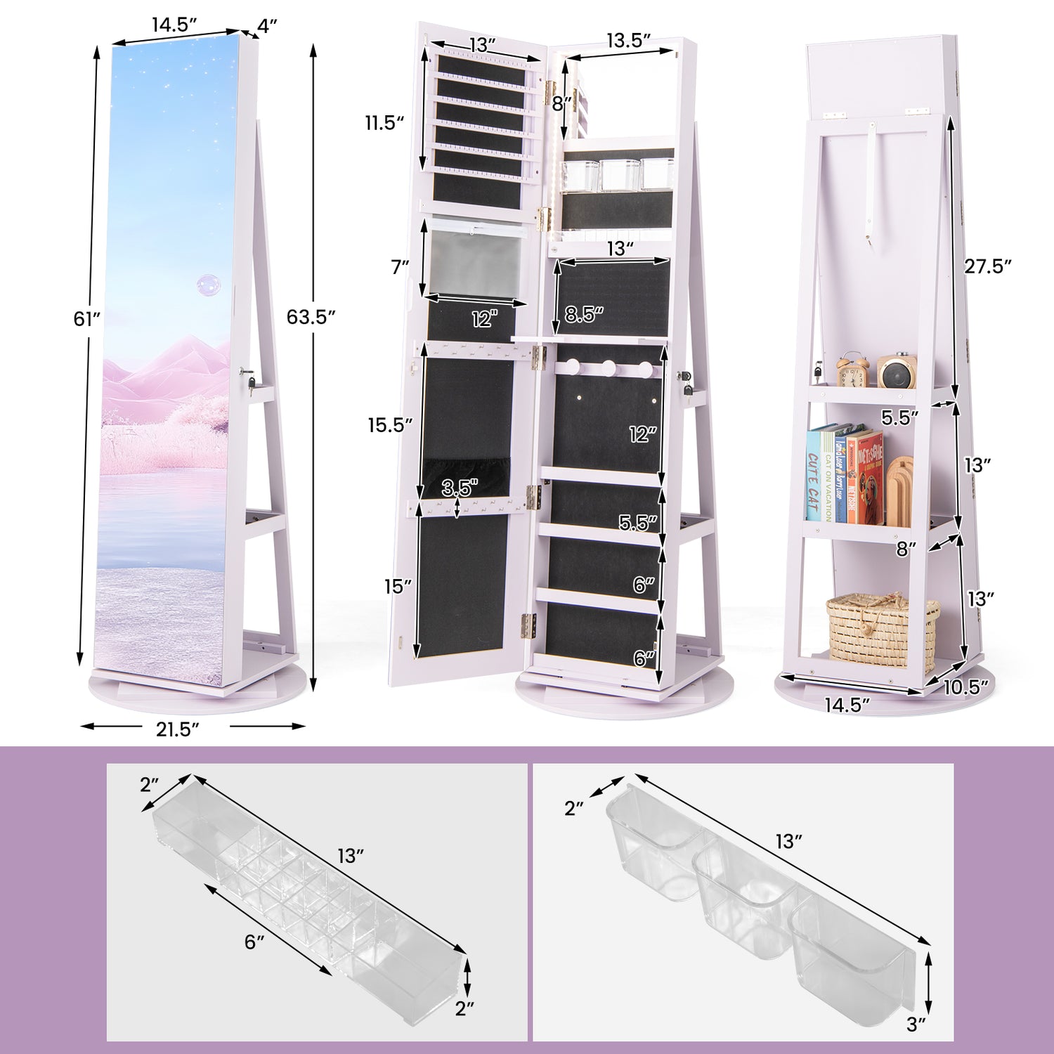 360Â° Rotating Mirrored Jewelry Cabinet Armoire 3 Color LED Modes Lockable