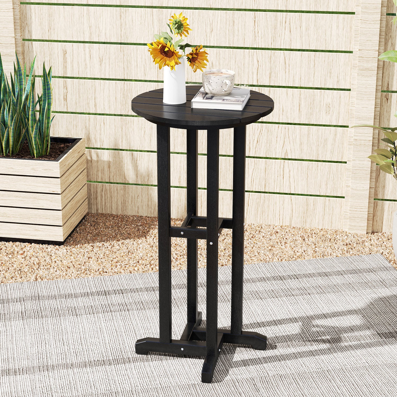 21.5 Inch Round Bar Table Patio HDPE Bar Height Dining Table with Slatted Tabletop
