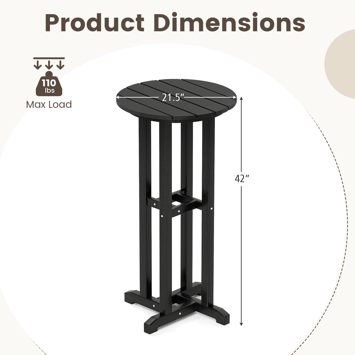 21.5 Inch Round Bar Table Patio HDPE Bar Height Dining Table with Slatted Tabletop
