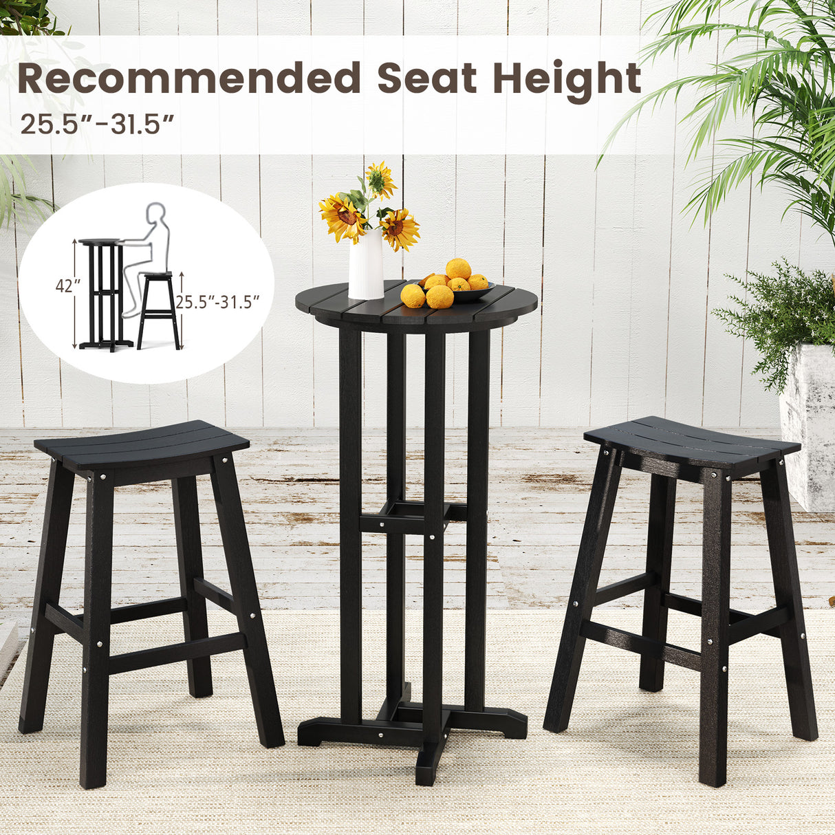 21.5 Inch Round Bar Table Patio HDPE Bar Height Dining Table with Slatted Tabletop