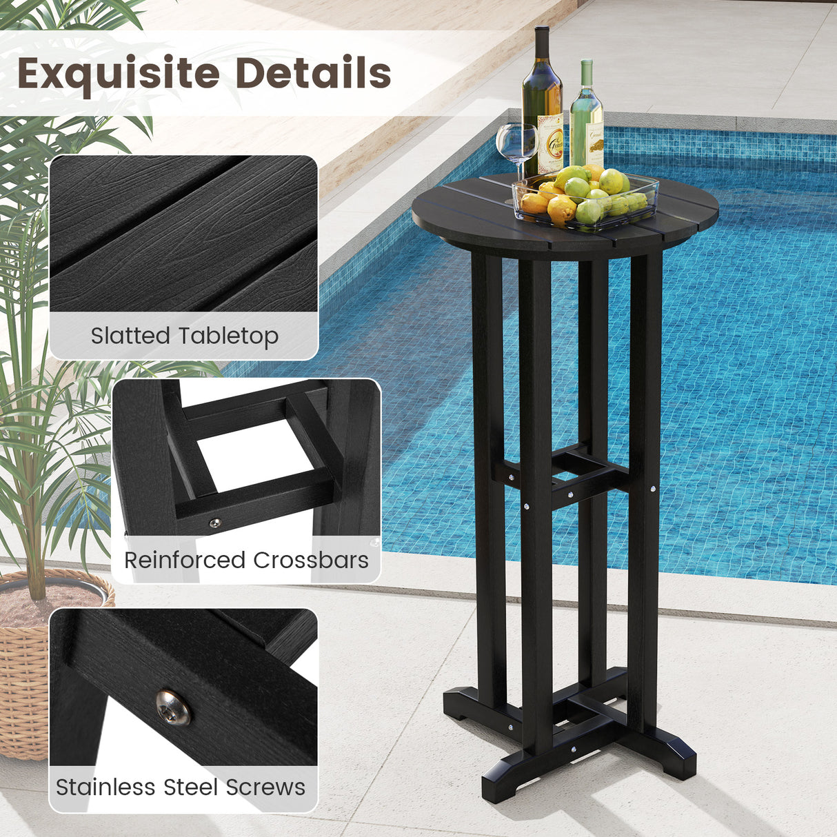 21.5 Inch Round Bar Table Patio HDPE Bar Height Dining Table with Slatted Tabletop