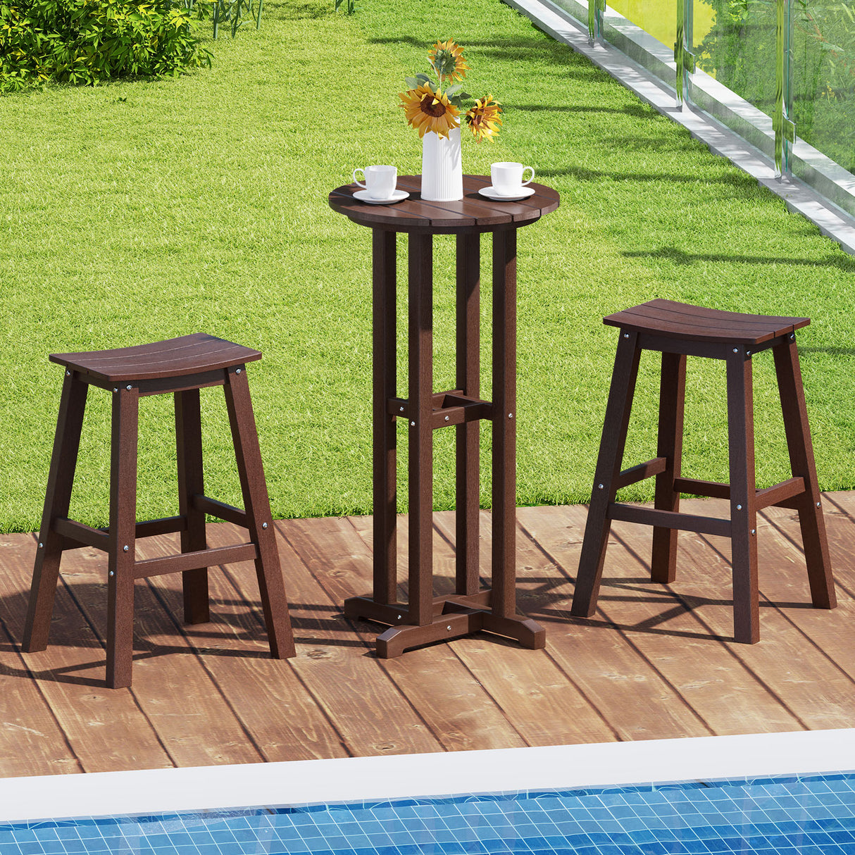 21.5 Inch Round Bar Table Patio HDPE Bar Height Dining Table with Slatted Tabletop