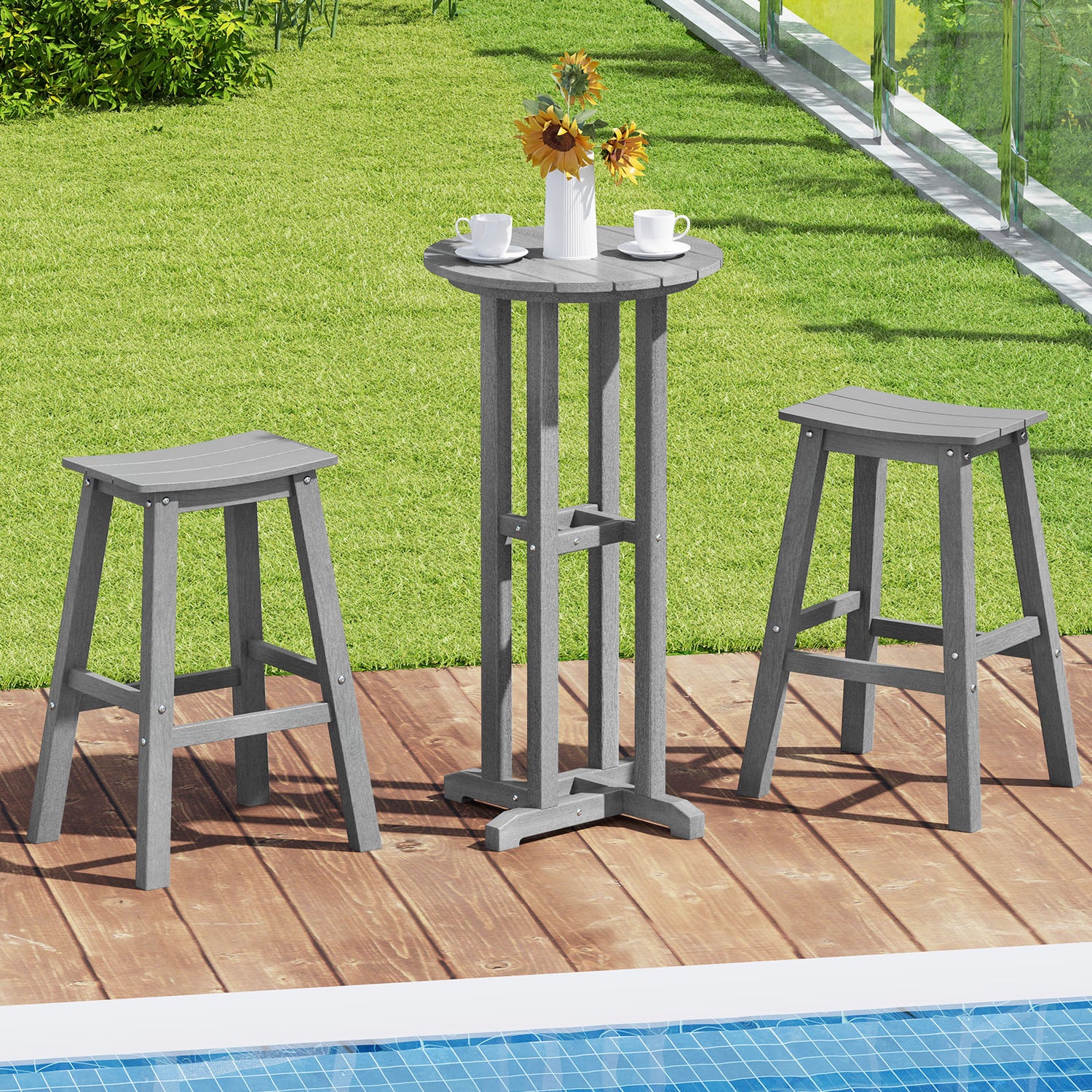 21.5 Inch Round Bar Table Patio HDPE Bar Height Dining Table with Slatted Tabletop