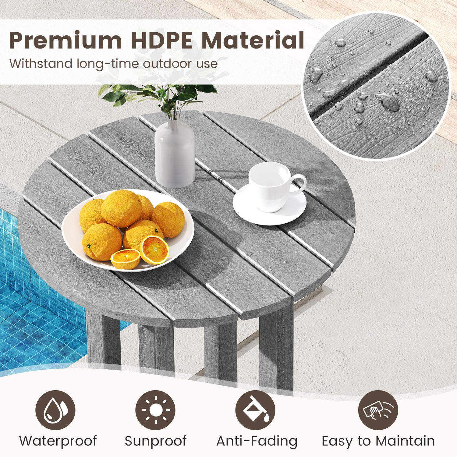 21.5 Inch Round Bar Table Patio HDPE Bar Height Dining Table with Slatted Tabletop
