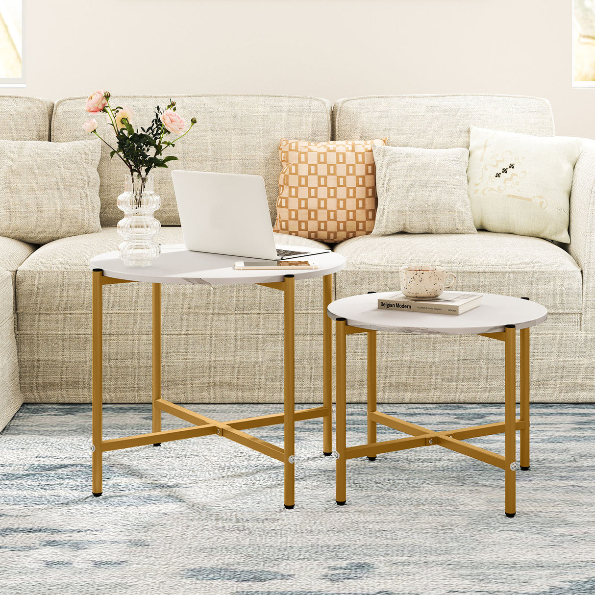 Round Coffee Table Set of 2 with Heavy-Duty Metal Frame
