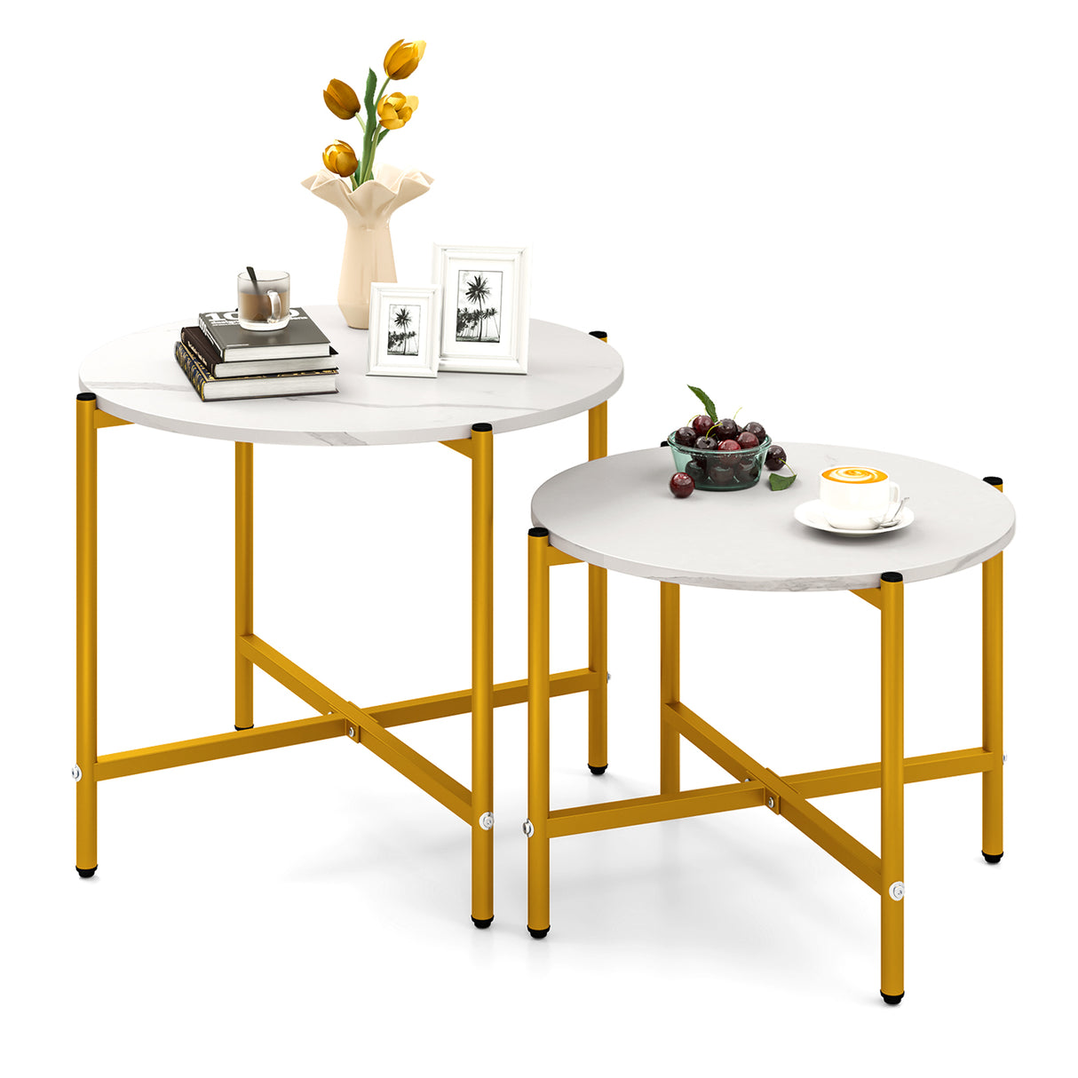 Round Coffee Table Set of 2 with Heavy-Duty Metal Frame