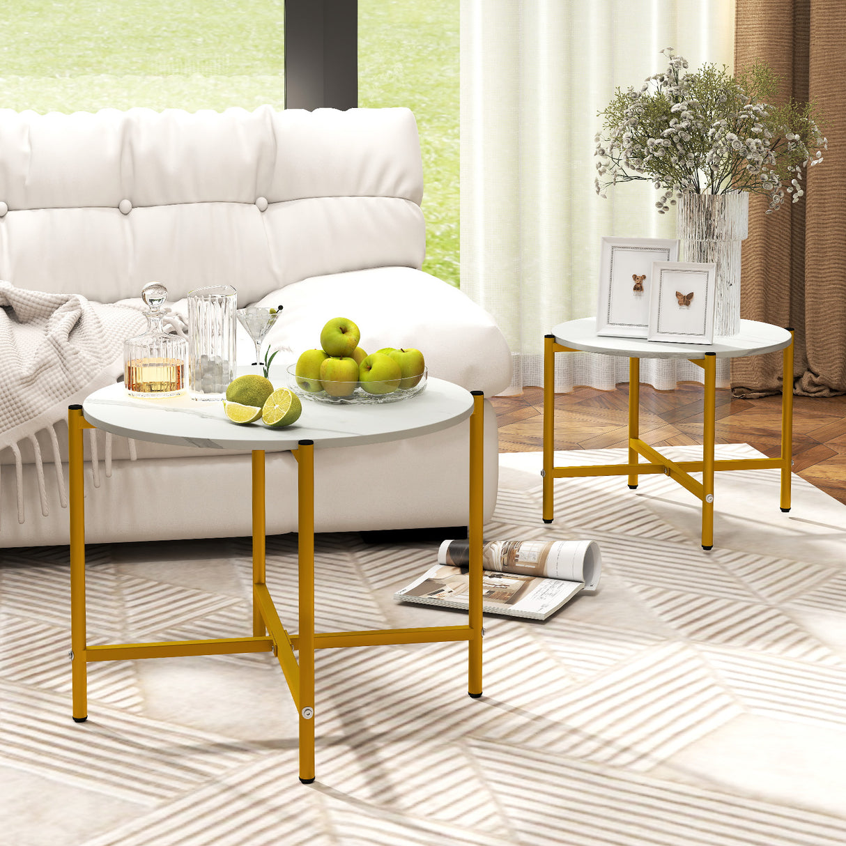Round Coffee Table Set of 2 with Heavy-Duty Metal Frame