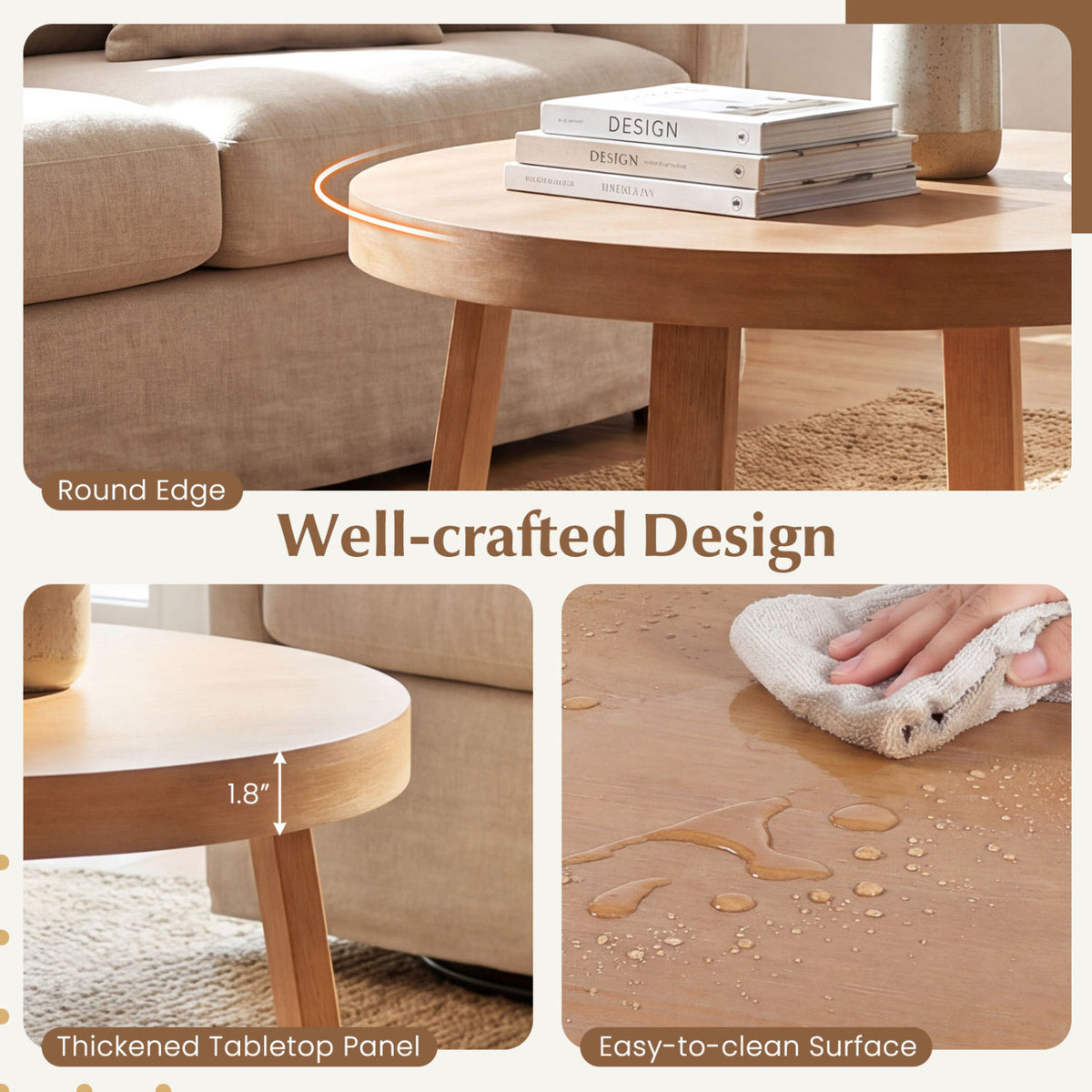 Round Coffee Table for Living Room 30 inch Farmhouse Accent Table with Study Rubber Wood Legs