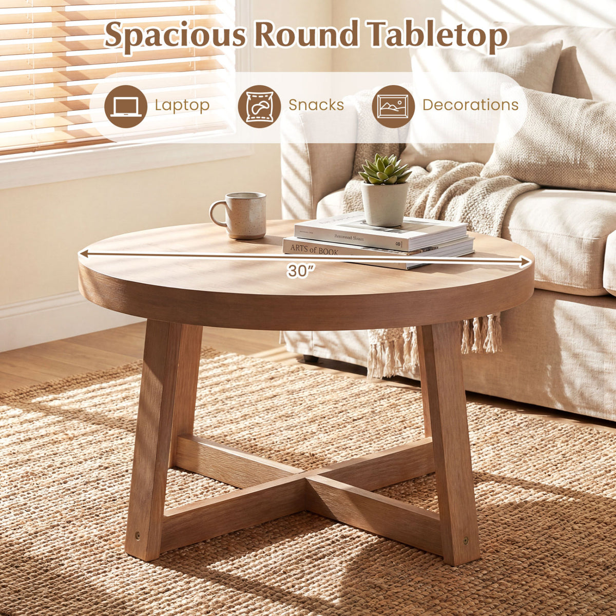 Round Coffee Table for Living Room 30 inch Farmhouse Accent Table with Study Rubber Wood Legs
