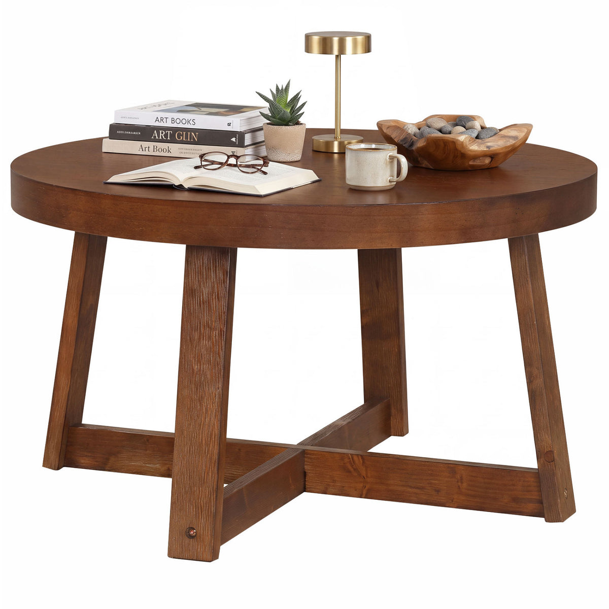 Round Coffee Table for Living Room 30 inch Farmhouse Accent Table with Study Rubber Wood Legs