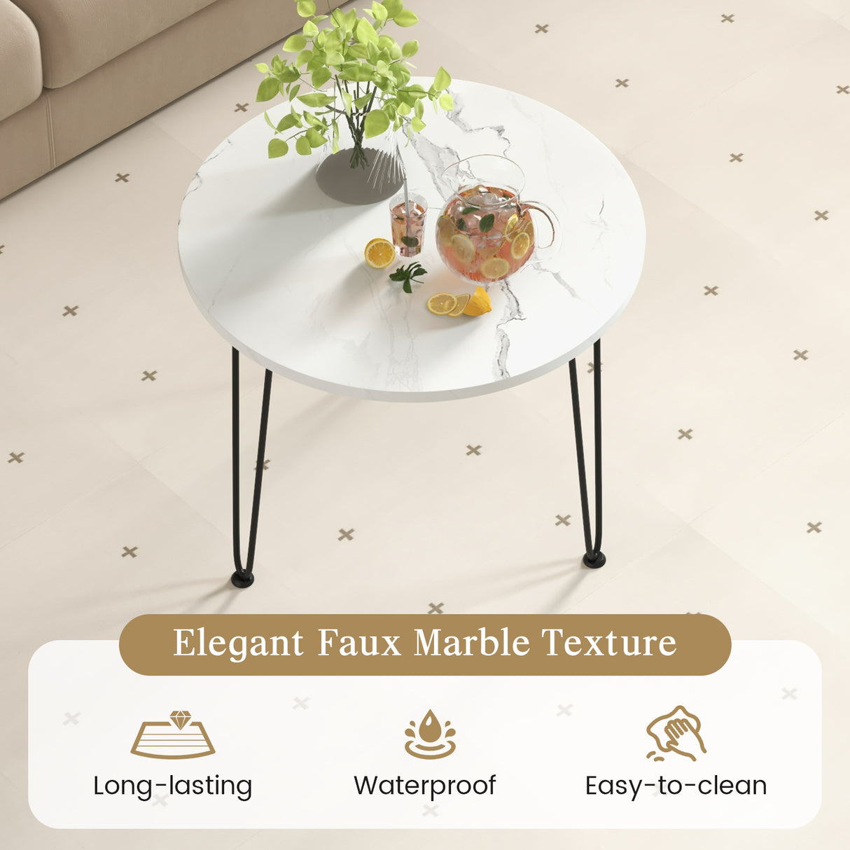 Round Coffee Table with Thickened Tabletop and Metal Tripod Legs
