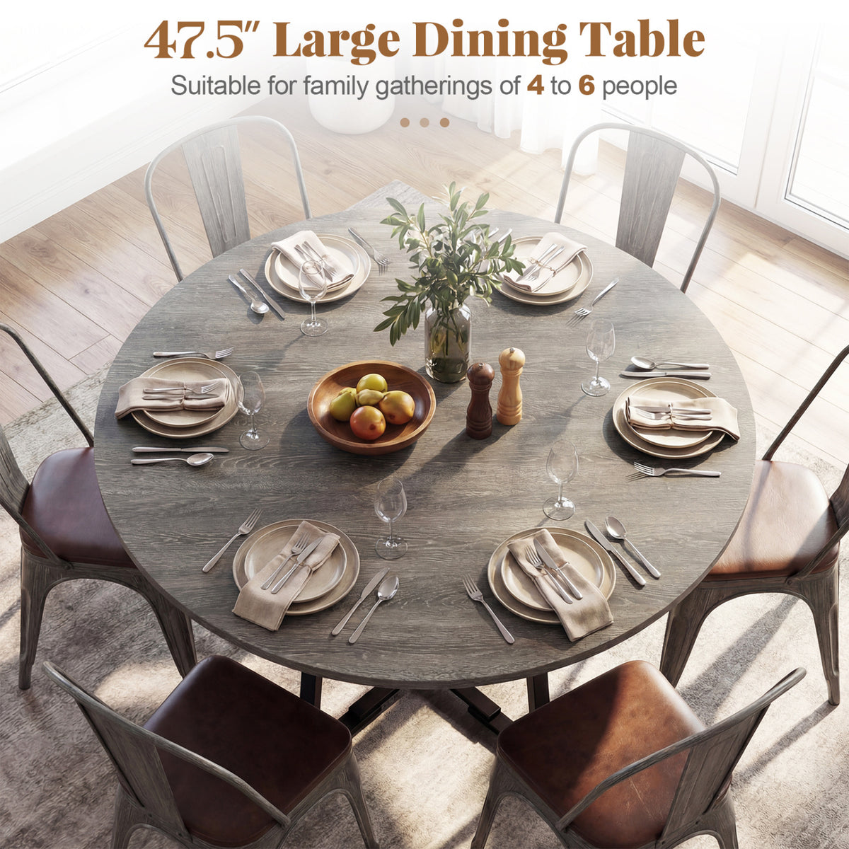 Round Dining Table for 4-6 with Storage Shelf and Metal Legs