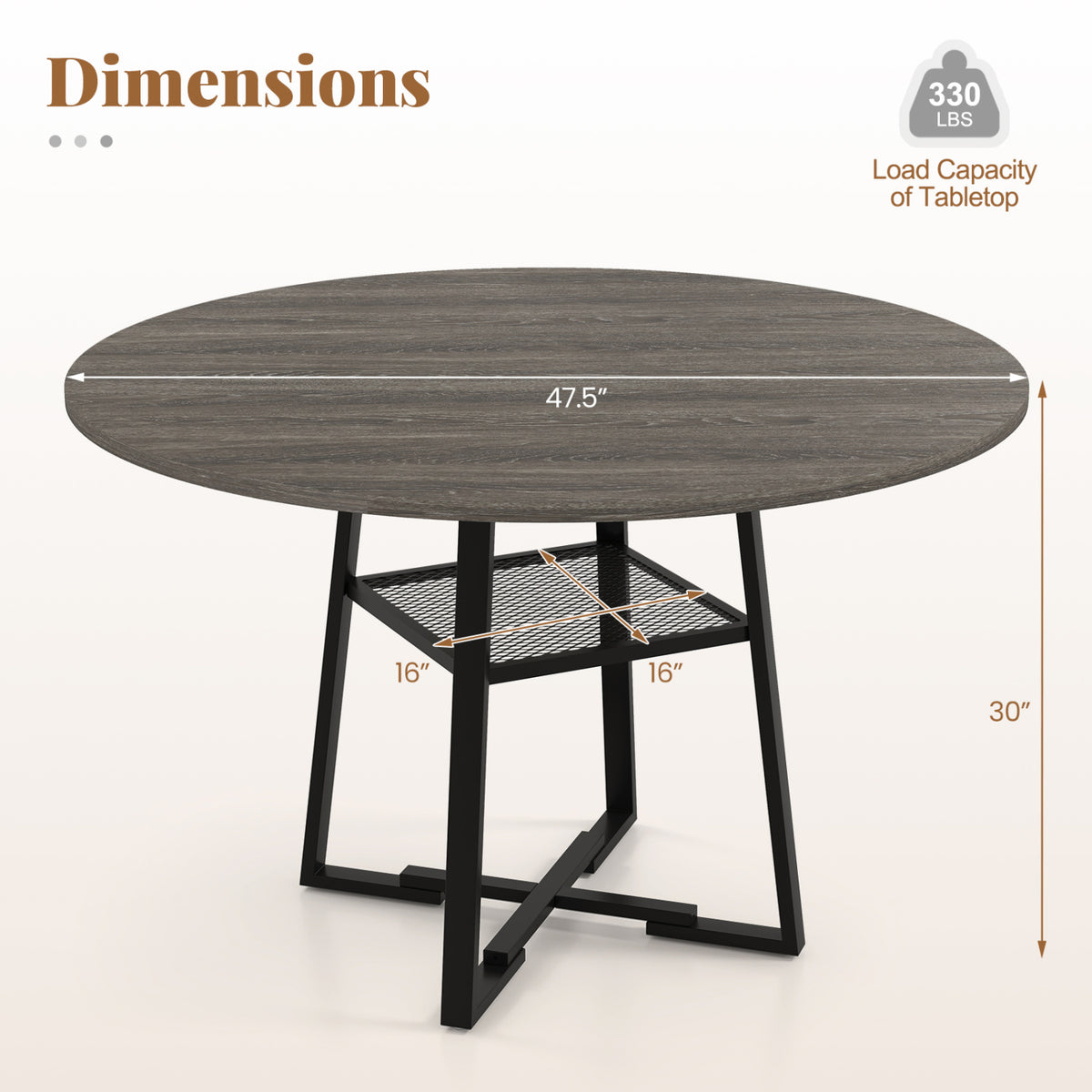 Round Dining Table for 4-6 with Storage Shelf and Metal Legs