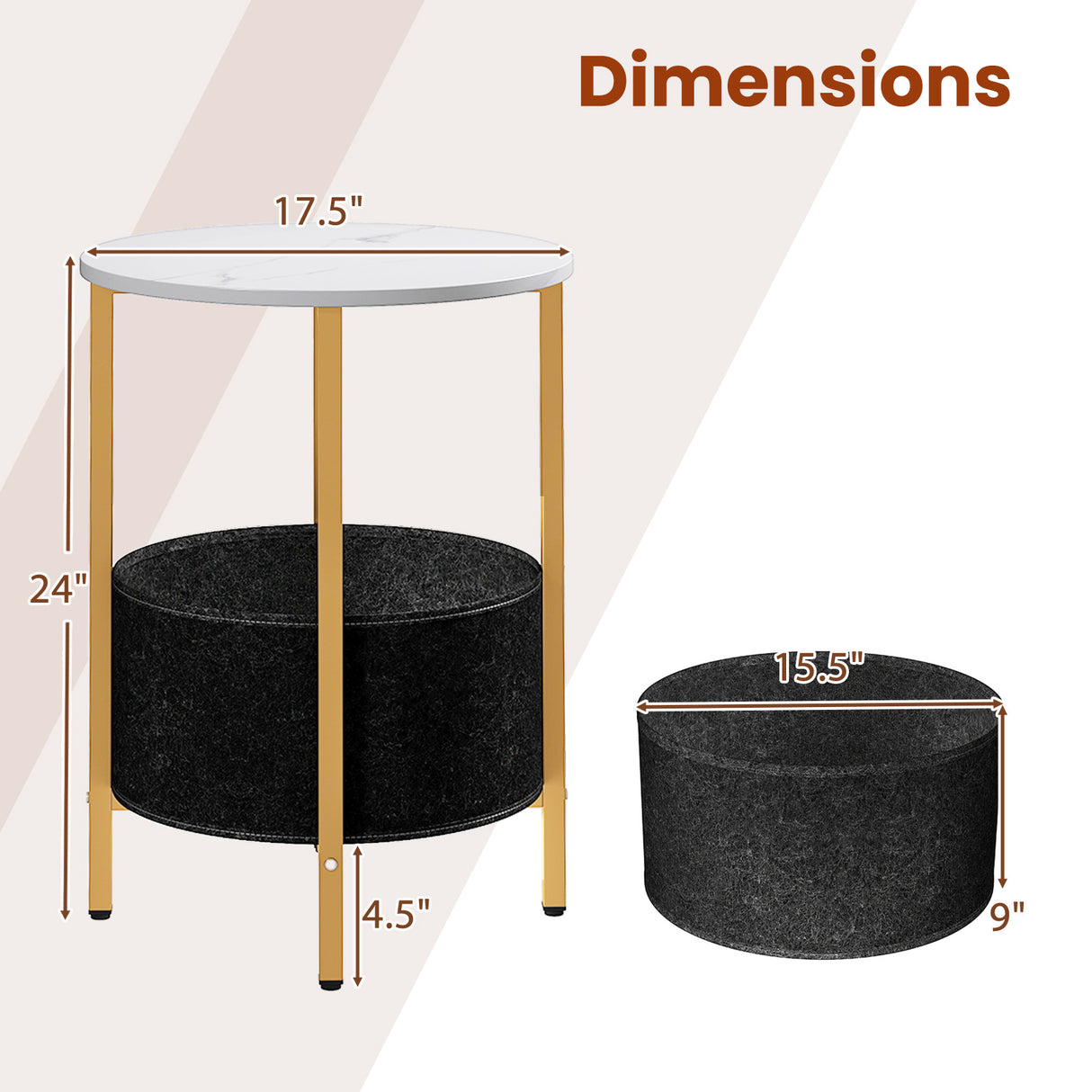 Round End Table 2-Tier Side Table with Removable Fabric Basket and Metal Frame