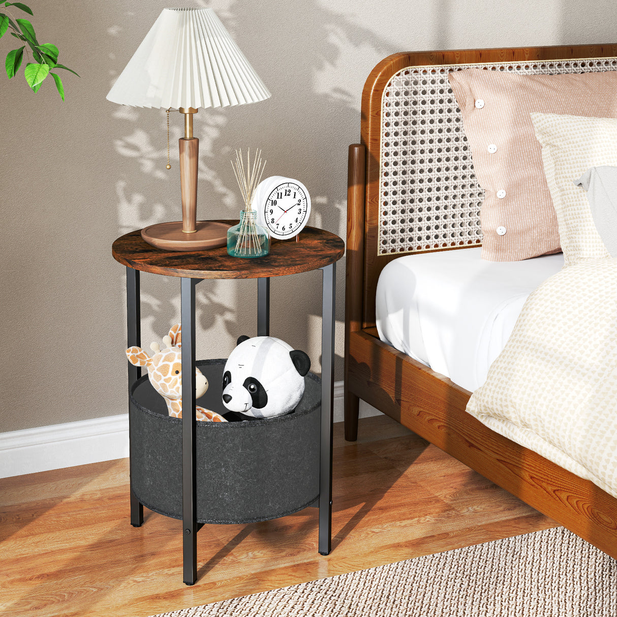 Round End Table 2-Tier Side Table with Removable Fabric Basket and Metal Frame
