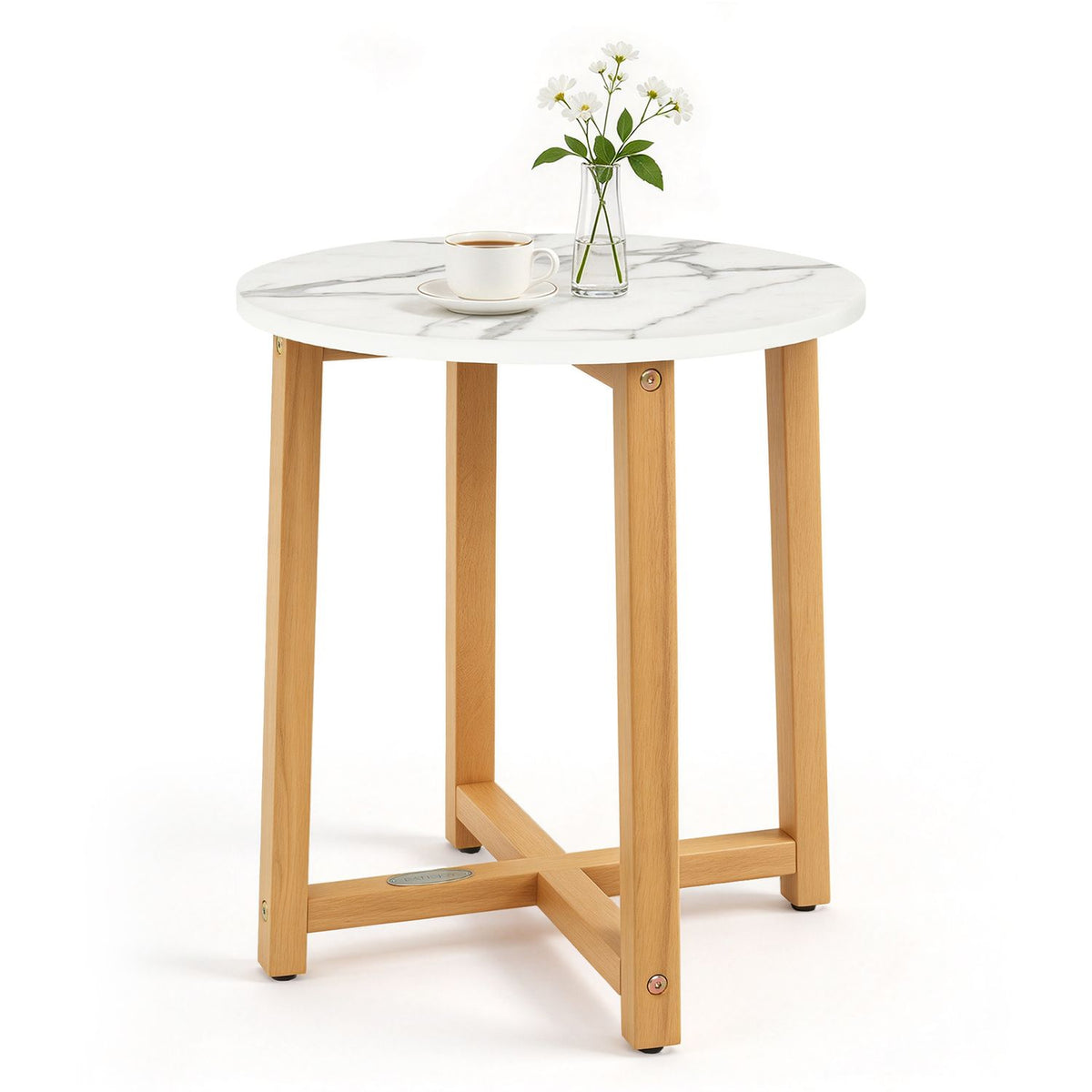 Round End Table with Faux Marble Top and Acacia Wood Legs-2/Legs-1 Pieces/piece